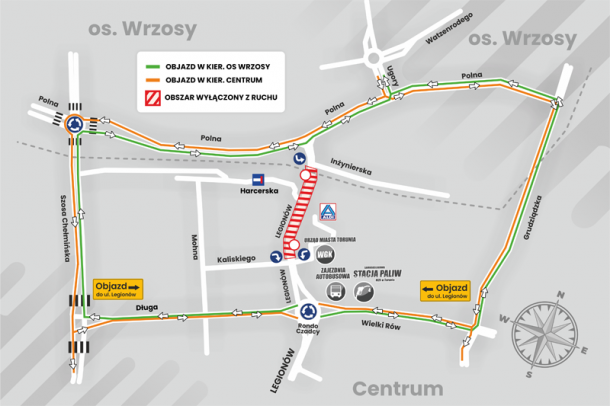 Mapka objazdów ul. Legionów