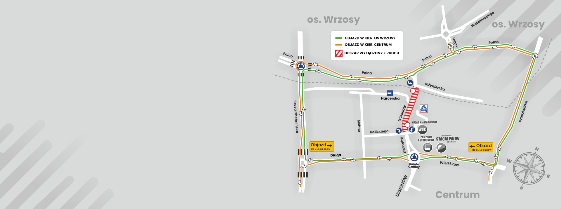 mapka objazdów ul. Legionów