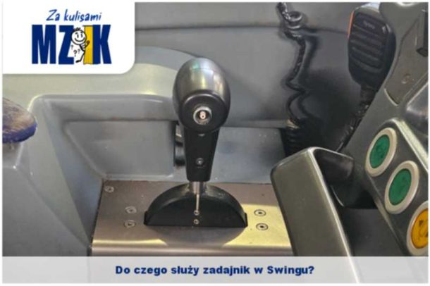Znak graficzny Za kulisami MZK oraz zdjęcie dźwigni - zadajnika