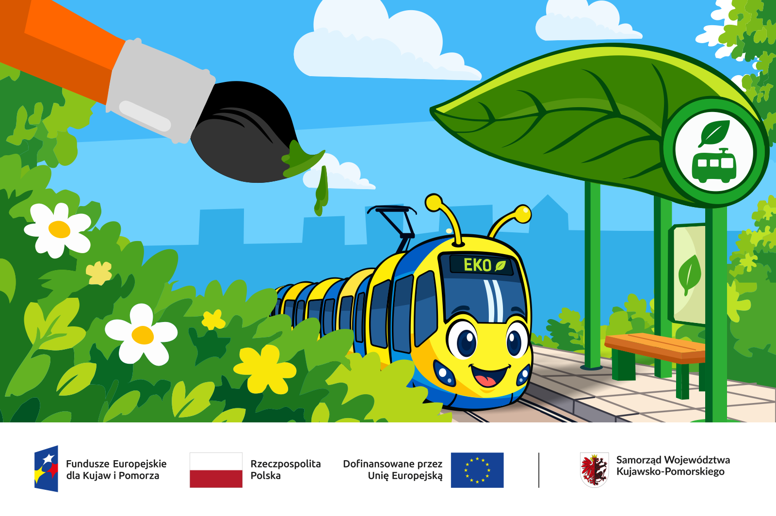 Zielony przystanek tramwajowy w Toruniu