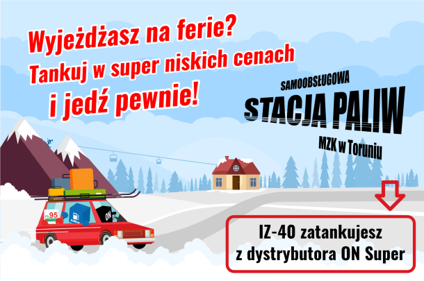 Grafika promująca niskie ceny na stacji paliw - zimowy krajobraz: droga, domy, samochód